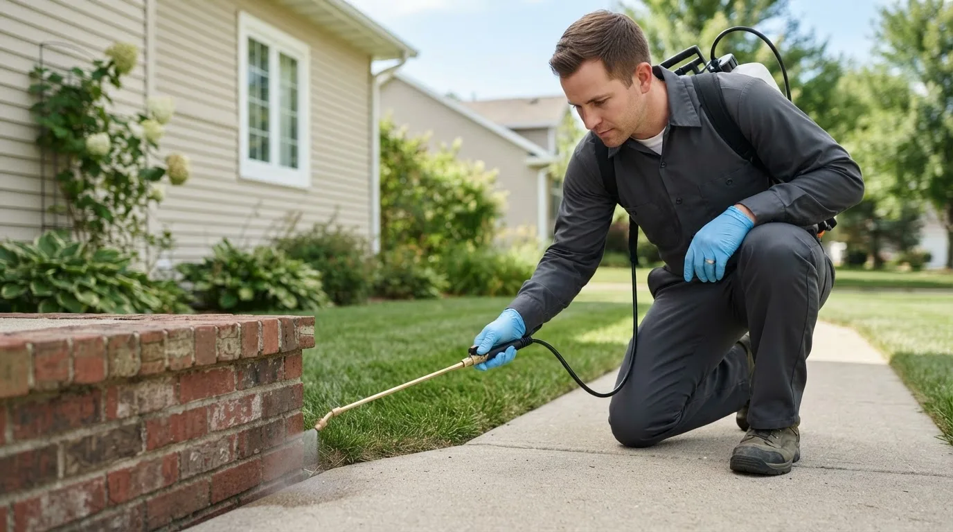 Pest control technician treating a home near Loysburg, PA