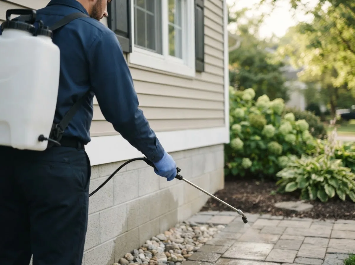 Pest control technician inspecting a home in Loysburg, PA